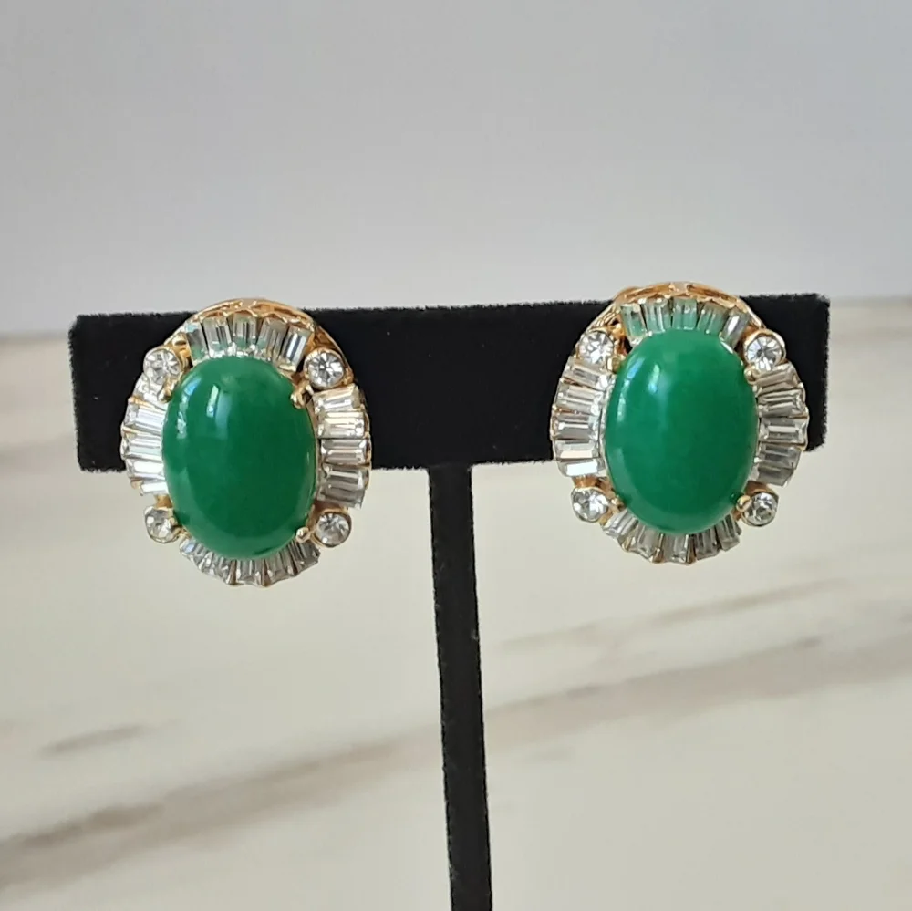 Chrysoprase Cabochon Gold Plated Baguette | Round CZ Clip On Earrings - Vtg